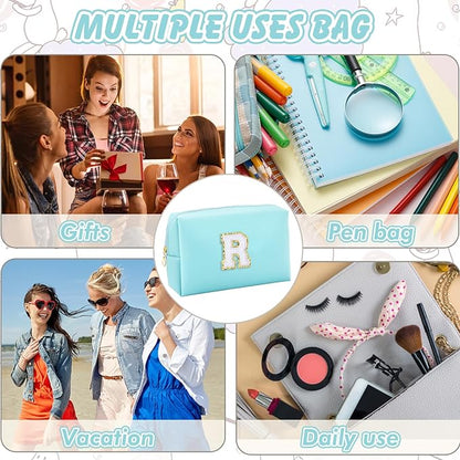 Gifts for Girls Initial Makeup Bag Personalized Cosmetic Bag with Zipper Cute Travel Toiletry Bag Waterproof PU Preppy Makeup Pouch Birthday Gift for Teen Girls Women(Blue R)