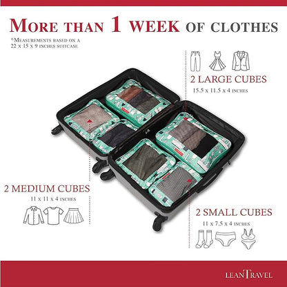 LeanTravel Compression Packing Cubes for Travel Organizers with Double Zipper (6-Pack (2L+2M+2S), Green Cactus)