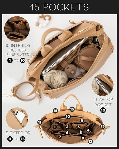 MIA + SOPHIA Leather Diaper Bag Backpack with USB Charging Port, Changing Pad, Stroller Straps, Bottle Holder (Brown Sophia)