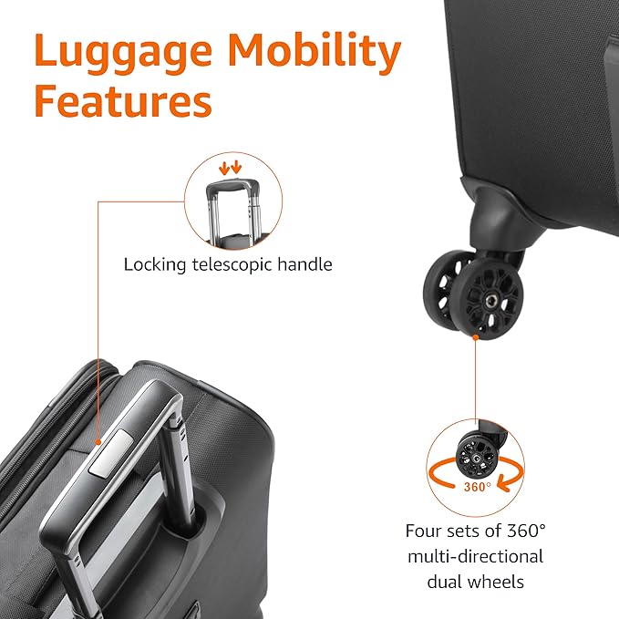 Amazon Basics 20" Luggage, Softside Suitcase With TSA Lock, 8 Spinner Wheels, Front Exterior Pocket, 3 Interior Pockets For Dry and Damp Clothes/Towels Separately, Black