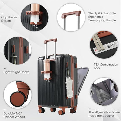 Luggage Sets 3 Piece, Hardside Suitcase with Front Pocket Cup Holder and TSA Lock