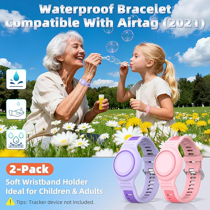 2-Pack Bracelet Compatible with AirTag for Kids, Waterproof Airtag Bracelet Full Coverage Protective Case Design Soft Silicone Hidden Air Tag Holder for Toddler Child Elderly (Pink+Purple)