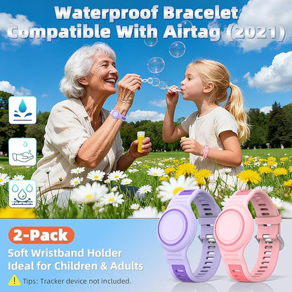 2-Pack Bracelet Compatible with AirTag for Kids, Waterproof Airtag Bracelet Full Coverage Protective Case Design Soft Silicone Hidden Air Tag Holder for Toddler Child Elderly (Pink+Purple)
