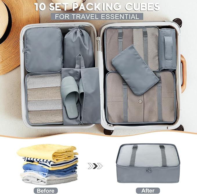 10 Set Packing Cubes for Travel, Travel Organizer with Hanging Toiletry Bag and Shoe Bag, Luggage Organizer Bags for Travel Essentials Women Men