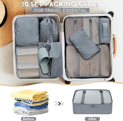 10 Set Packing Cubes for Travel, Travel Organizer with Hanging Toiletry Bag and Shoe Bag, Luggage Organizer Bags for Travel Essentials Women Men