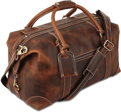 KomalC Leather Travel Duffle Bags for Men and Women Overnight Weekend Bag, Sports Gym Duffel (Dark Tan)