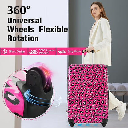 Merax Luggage Sets 3 Piece, Hardside Expandable Suitcase Set with Spinner Wheels, Lightweight Leopard 20+24+28 IN Suitcase with Carry on Luggage, Leopard Hot Pink