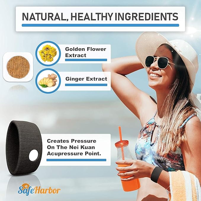 SafeHarbor Motion Sickness Relief and Anti Nausea Kit for Your Cruise Essentials | 2 Motion Sickness Bands 10 Natural + Herbal Relief Patches| Works for Children and Adults | Helpful E-Book Included