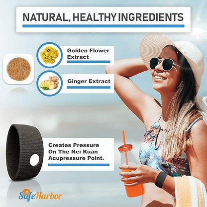 SafeHarbor Motion Sickness Relief and Anti Nausea Kit for Your Cruise Essentials | 2 Motion Sickness Bands 10 Natural + Herbal Relief Patches| Works for Children and Adults | Helpful E-Book Included