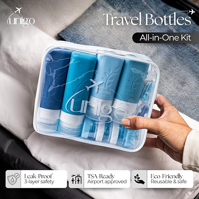 unigo 30pack Full Set TSA Approved Travel Bottles for toiletries, Travel Size Containers for Toiletries, Refillable Leakproof Shampoo and Conditioner Bottles, Toiletry Containers (Blue)