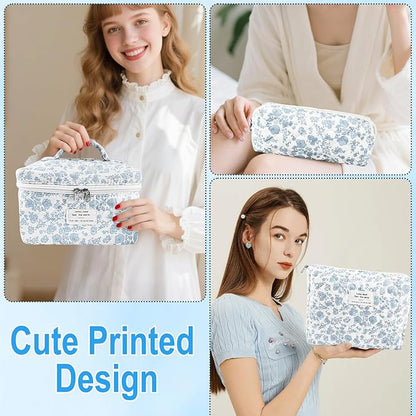 3Pcs Makeup Bag Quilted Cosmetic Bag Set Bow Travel Large Makeup Pouch for Women Cute Portable Cotton Toiletry Bag Skincare Organizer Coquette Vintage Travel Essential