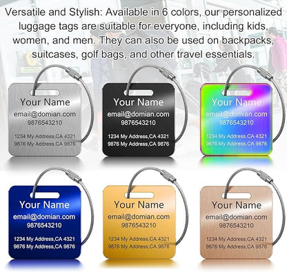Stainless Steel Personalized Luggage Tags for Suitcases - Custom Name ID Travel Tags for Luggage, Backpacks and Bags - Metal Travel Essentials Accessories for Kids, Women and Men - Bulk Set (2 Pack)