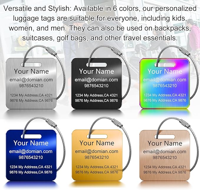 Stainless Steel Personalized Luggage Tags for Suitcases - Custom Name ID Travel Tags for Luggage, Backpacks and Bags - Metal Travel Essentials Accessories for Kids, Women and Men - Bulk Set (3 Pack)