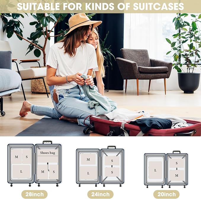 8 Set Compression Packing Cubes for Travel, Expandable Compression Cubes for Suitcases, Lightweight Suitcase Organizer with Shoes & Laundry Bags, Travel Accessories for Men Women