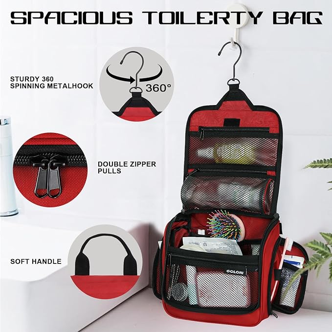 Goloni Hanging Toiletry Bag with Hook, Large Makeup Bag Travel Organizer, Water-Resistant Hanging Cosmetic Bag with 10 Compartments for Women & Men,Red