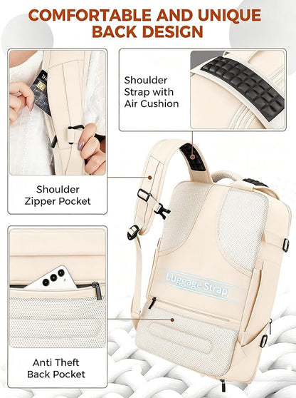 Vancropak Travel Backpack for Women, Airline Approved Carry On Backpack with 3 Packing Cubes, Expandable Large 40L Travel Bag fits 17" Laptop, Anti Theft Luggage Suitcase Weekend Daypack, White Brown