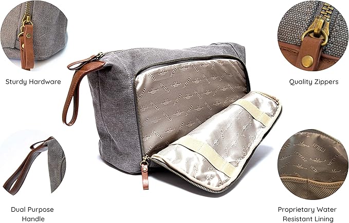 Vetelli Vintage Canvas Toiletry Bags, Travel In Style, Waterproof Canvas Dopp Kits, Durable (Messner) (Light Gray)