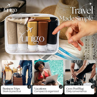 unigo Travel Bottles For Toiletries, 5-pack 3.oz TSA Aprroved Travel Size Bottles, Containers For Toiletries, BPA Free, Leak Prrof, Refillable Containers Bottles (Apricot)