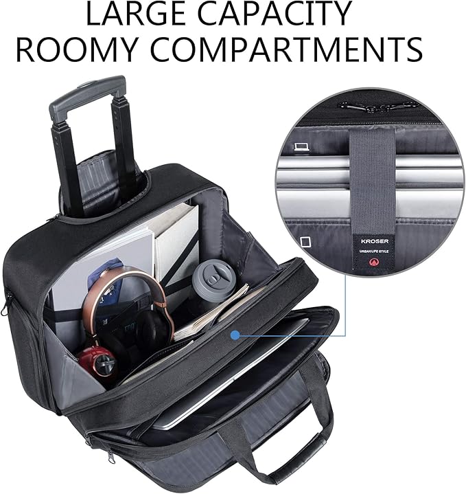 KROSER Rolling Laptop Bag Premium Rolling Briefcase Fits Up to 17.3 Inch Laptop Overnight Computer Bag with RFID Pockets for Travel/Business/Men/Women-Black