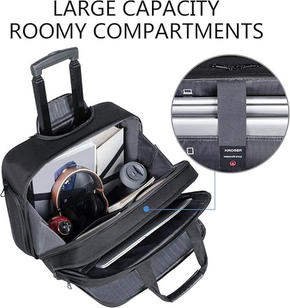 KROSER Rolling Laptop Bag Premium Rolling Briefcase Fits Up to 17.3 Inch Laptop Overnight Computer Bag with RFID Pockets for Travel/Business/Men/Women-Black