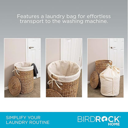 BIRDROCK HOME Seagrass Laundry Hamper with Lid & Liner - Handwoven Round Basket with Handles for Laundry/Dirty Clothes - Organizer, Storage, Shelves, Bin in Bathroom, Bedroom & Laundry Room - Natural