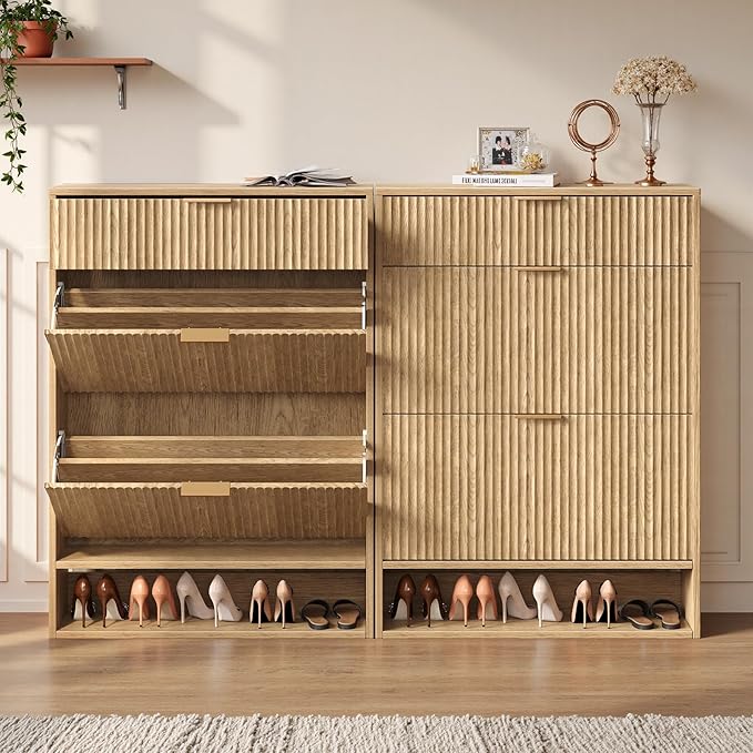 31.5''W Oak Shoe Storage Cabinet for Entryway with Drawers, Fluted Slim Shoe Cabinet with 2 Flip Drawers, Narrow Shoe Dresser Cabinet for Foyer, Hallway