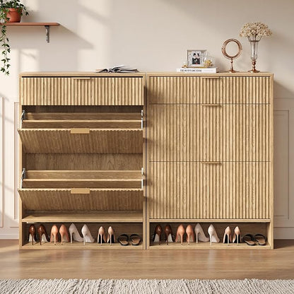 31.5''W Oak Shoe Storage Cabinet for Entryway with Drawers, Fluted Slim Shoe Cabinet with 2 Flip Drawers, Narrow Shoe Dresser Cabinet for Foyer, Hallway
