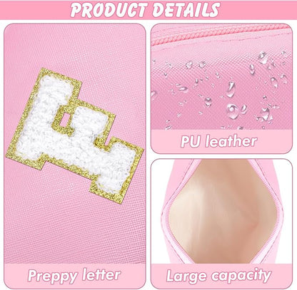 Initial Makeup Bag Personalized Preppy Travel Small Cosmetic Bag Cute PU Pink Chenille Letter Makeup Pouch for Purse Waterproof Zippered Toiletry Organizer for Women Girls Kids Friends (F)