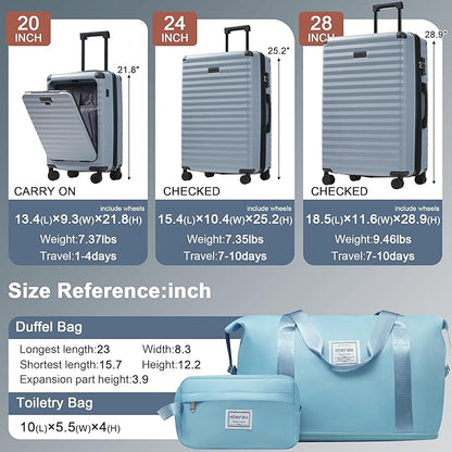 Merax Luggage Sets 5 Piece,Front Open Hardshell Expandable Suitcase with Spinner Wheels and Duffel Bags,Lightweight Carry on Luggage with USB Port and Cup Holder,20/24/28IN,Sky Blue