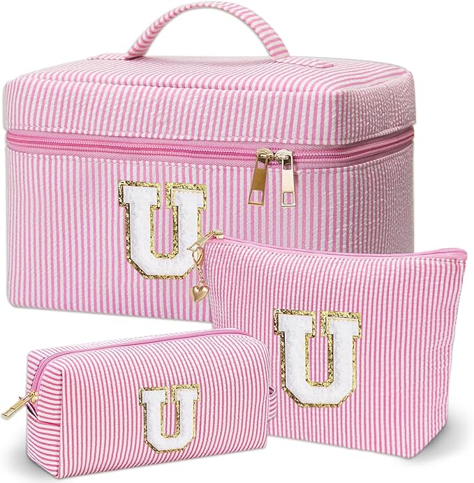 Personalized Monogram Makeup Bag, 3PCS Custom Monogrammed Toiletry Cosmetic Bag for 6-18 Teen Girls Women,Birthday Graduation Gifts Initial Pouch Makeup Bags for Women Girls, Make Up Bag (U, Pink)