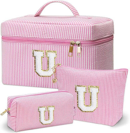 Personalized Monogram Makeup Bag, 3PCS Custom Monogrammed Toiletry Cosmetic Bag for 6-18 Teen Girls Women,Birthday Graduation Gifts Initial Pouch Makeup Bags for Women Girls, Make Up Bag (U, Pink)