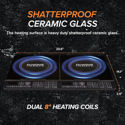 Nuwave Double Cooktop Induction Countertop Burner, Portable, 900 & 1800W, 100°F to 575°F, Large 8” Heating Coil, 50 Pre-Programmed Settings, Shatter-Proof Ceramic Glass, Built-In Safety Auto Shut Off