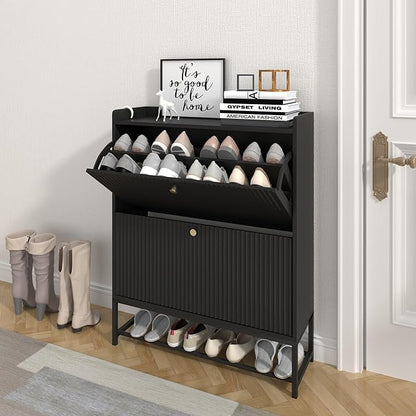 RARZOE Fluted Shoe Cabinet for Entryway with 2 Flip Drawers, Narrow Wood Shoe Cabinet with Fluted Panel, Slim Hidden Shoe Organizer Closed Shoe Rack with Metal Legs for Foyer,Hallway(31.5''Black)