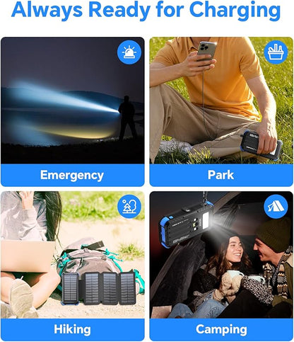 Solar Power Bank 45800mAh with 4 Panels, Portable Solar Charger with Build-in 3 Cables for iPhone, USB C in/Output 15W Fast Charging External Battery Pack with Flashlight & Camping Light