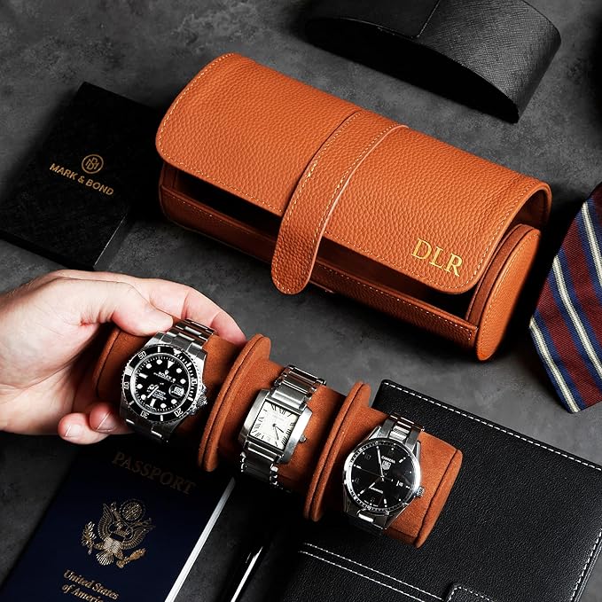 HomeWetBar Durham Custom Leather Jewelry, Bracelet & Watch Roll for Travel - Personalized Leather Case for 3 Watches & Accessories