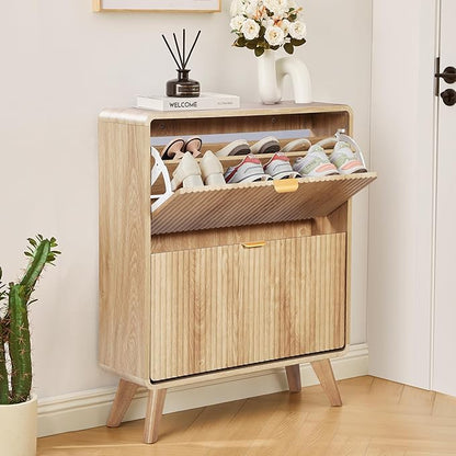 RARZOE Fluted Shoe Storage Cabinet with 2 Flip Drawers, Narrow Curved Shoe Cabinet for Entryway, Freestanding Wood Hidden Shoe Organizer Closed Shoe Rack Cabinet for Foyer,Hallway (27.5''Natural)