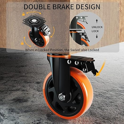 6 Inch Caster Wheels, Casters Set of 4, Heavy Duty Casters with Brake 3000 Lbs, Locking Industrial Swivel Top Plate Casters Wheels for Furniture and Workbench Cart(Two Hardware Kits Include)
