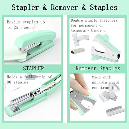 Green Office Supplies, Teal Desk Accessories Accessories with Tape Dispenser, Stapler, Staple Remover, 1000 Staples, Tape, Clips Set, Ruler, Scissor, Pen