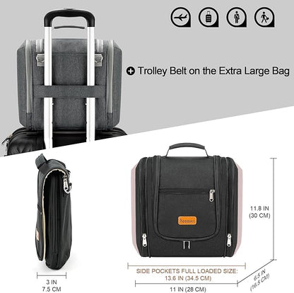 Travel Hanging Toiletry Bag for Women and Men, 6 Organizer Compartments, Holds Full Size Bottles, Extra Large Cosmetic Accessories, Makeup essentials, Bathroom Water-resistant Toiletries Bag, Black