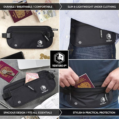 VENTURE 4TH Money Belt for Travel – Hidden Under-Clothes RFID Blocking Passport Holder & Slim Travel Wallet Pouch for Men & Women to Protect Cash, Cards & Documents (Pure Black)