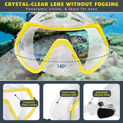 ZEEPORTE Mask Fin Snorkel Set, Travel Size Snorkeling Gear for Adults with Panoramic View Anti-Fog Mask, Trek Fins, Dry Top Snorkel and Gear Bag for Swimming Training, Snorkeling Kit Diving Packages