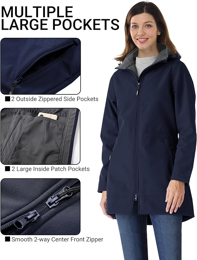 Outdoor Ventures Women's Softshell Jacket with Removable Hood Fleece Lined Windbreaker Insulated Long Warm Rain Jacket