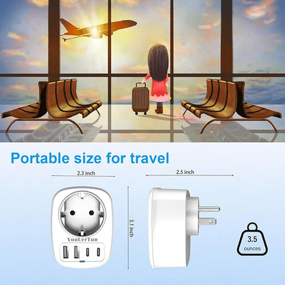 EU to US Plug Adapter 2 Packs, European Type C/E/F to US Travel Plug Adapter with 1 Europe AC Outlets, 4 USB Charger Ports (2 USB C), for Most of Europe Germany France Spain