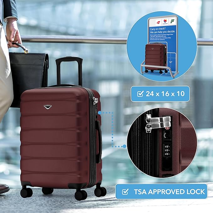 Flight Knight 24x16x10 Expandable Carry On Suitcase Hardside TSA Lock USB C Lightweight Luggage Silent Double Spinner Wheels Maximum Overhead Carry-On Bag For Virgin & South West Approved Airlines