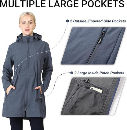 Outdoor Ventures Women's Softshell Jacket with Removable Hood Fleece Lined Windbreaker Insulated Long Warm Rain Jacket