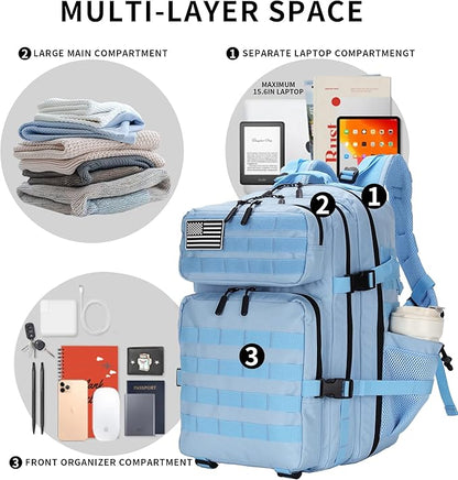 25L Tactical Military Backpack Small Travel Backpack for Men and Women Assault Pack Bug Out Bag Molle Daypack Gym Bag with Bottle Holder (Light Blue)