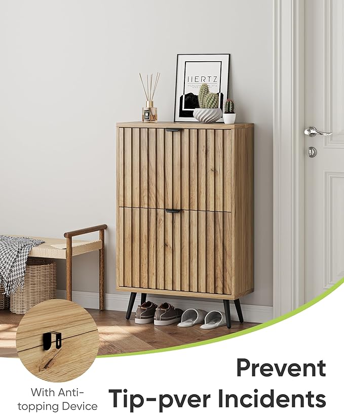 Shoe Storage Cabinet, Fluted Shoe Cabinet Storage for Entryway, Hidden Shoe Cabinet with Metal Legs,Shoe Organizer Cabinet with Flip Doors, Slim Entryway Shoe Storage Cabinet,Natural Wood-23.5in