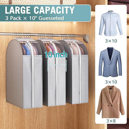 10" Gusseted Garment Bags for Hanging Clothes with Clear Window, 32" Suit Bags for Open Closet Storage, Clothing Cover for Coat, Dress, Jacket, Shirt, Fur Wardrobe Protector, 3 Packs