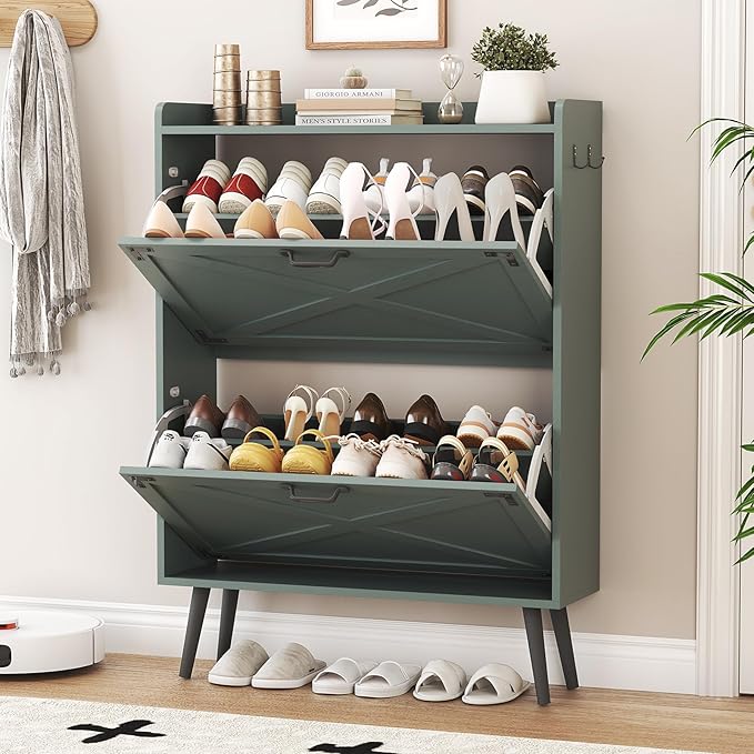 Shoe Storage Cabinet with 2 Flip Drawers, Farmhouse Freestanding Shoe Rack Organizer for Entryway, Narrow Hidden Slim Shoe Cabinet for Foyer,Hallway, Green