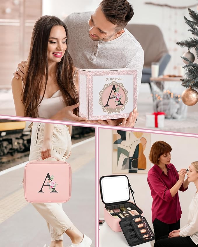 Relavel Initial Makeup Bag with LED Mirror for Women Girls, Personalized Travel Cosmetic Organizer Train Case, Birthday Gifts for Grandkids Bridesmaid Graduation Teacher Friends, Trendy Stuff, Pink O
